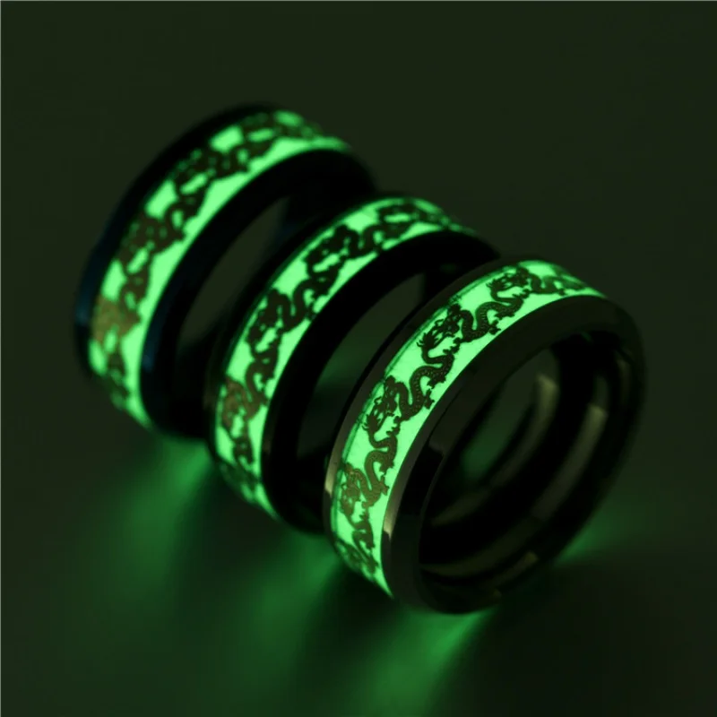 

European and American New Hot Titanium Steel Fluorescent Double Dragon Ring Luminous Double Dragon Stainless Steel Jewelry