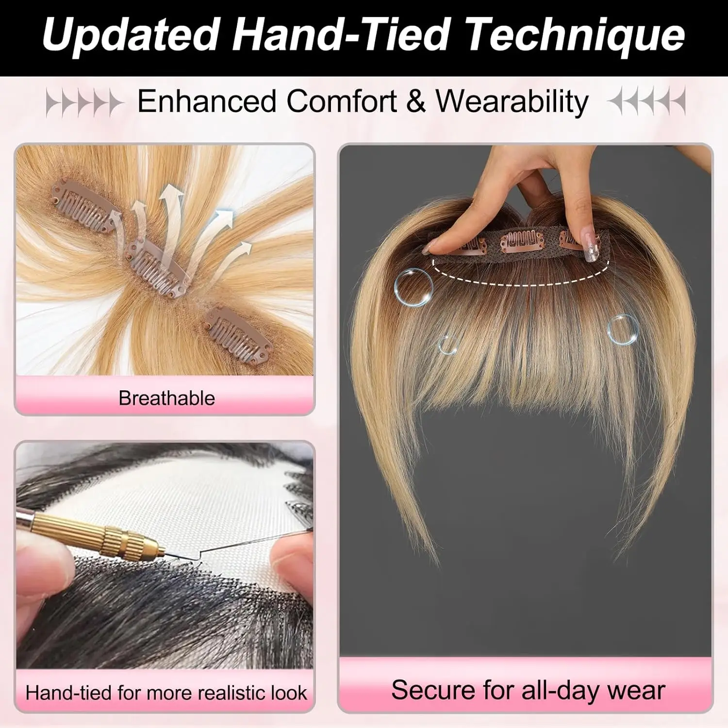 Фото Ombre Brown to Blonde Clip in Bangs 100% настоящая челка из человеческих волос Wispy Bangs Hair Pieces 3 Secure Clips in Full Fringe Fake Bangs №4