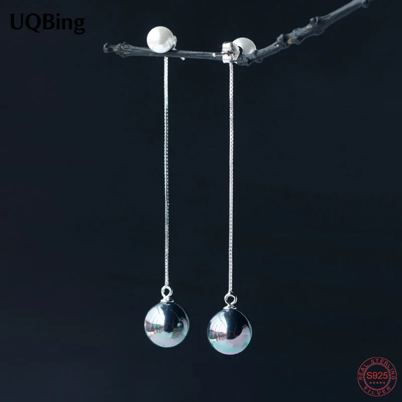 

Fashion Box Chain Long Simulated Pearl Drop Earrings For Women 100% Real 925 Sterling Silver Jewelry