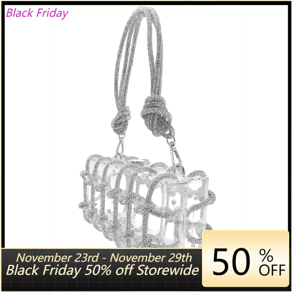 

Clear Acrylic Clutch Sparkle Rhinestone Evening Bag Glitter Crystal-Embellished Rope Knot Handbag Purse for Party Prom