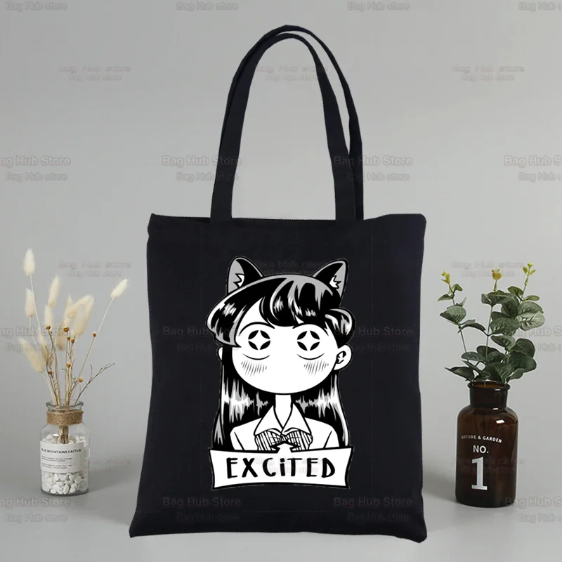 

Komi San Can't Communicate Canvas Black Shopping Tote Bag Reusable Komisan Shouko Excited Manga Shoulder Book Bag Gift Handbag