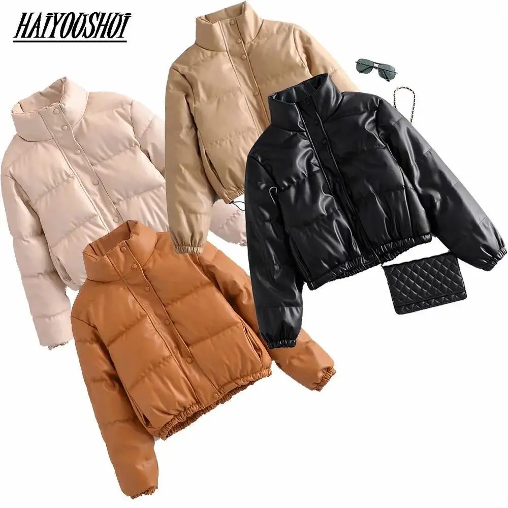 2022 Women PU Leather Parkas Fashion High Street Faxu Leather Coats Elegant Winter Thick Cotton Jackets Loose Outwear XS-XXL
