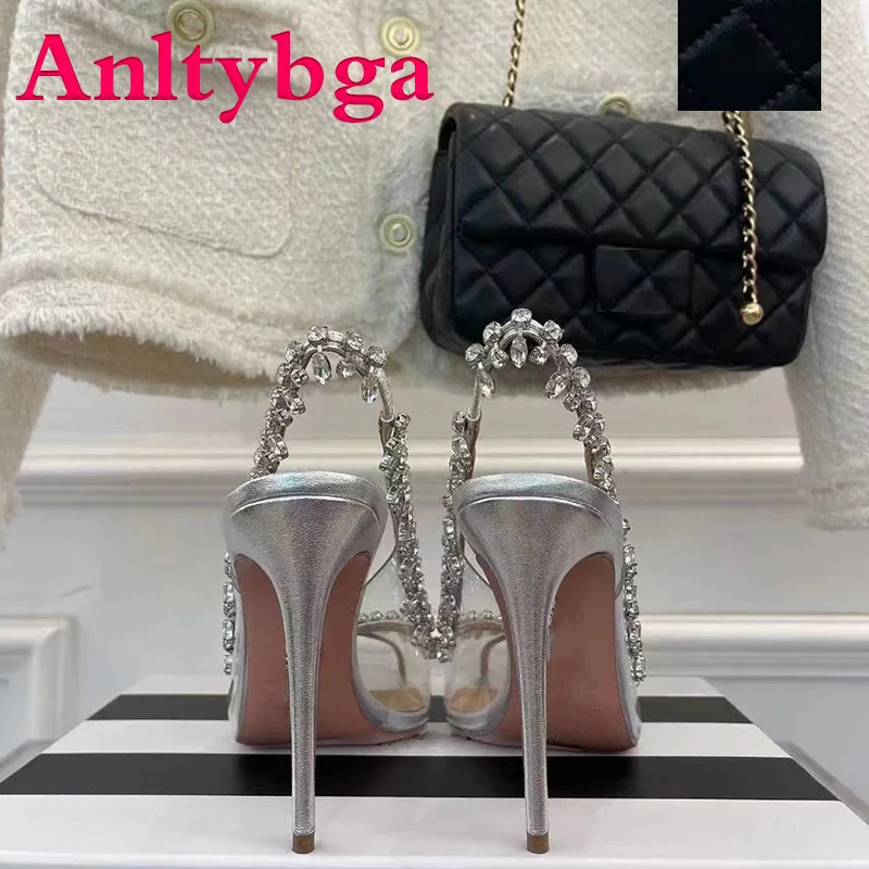 Women's High Heels Wedding Shoes Crystal Slippers Fish Mouth High Heels Silver Super High Heels