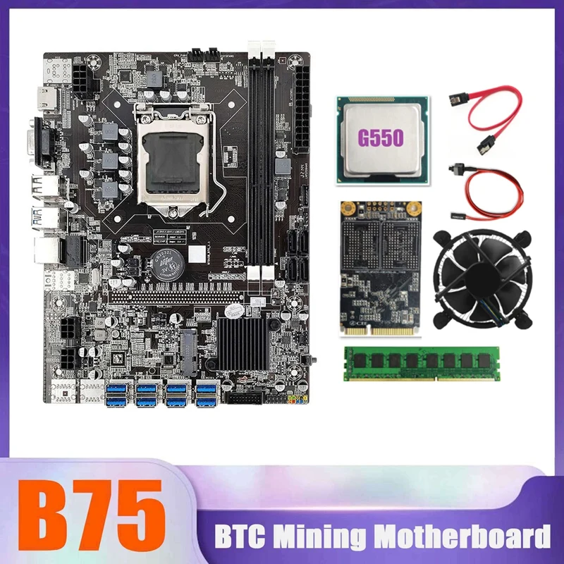 

Материнская плата B75 BTC Miner 8xusb + G550 CPU + DDR3 4G 1600 МГц ОЗУ + MSATA SSD 128G + вентилятор охлаждения процессора + кабель SATA + кабель переключателя