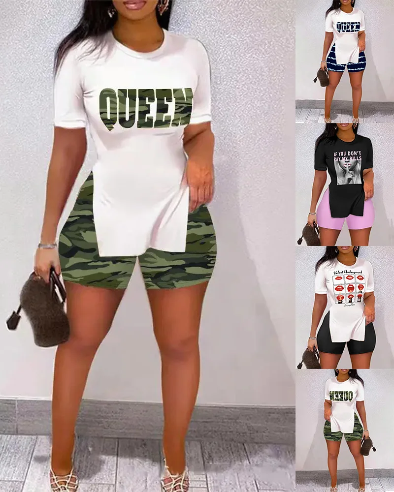 

Set Of Two Fashion Pieces For Women Long Sleeve Slit Letter Print Top & Skinny short Pants Set Daily Tracksuit