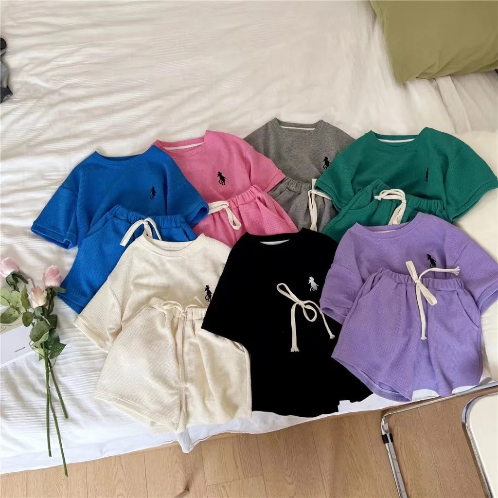 

Children's suit 2022 summer Korean version seven-color waffle short-sleeved shorts boys and girls two-piece suit