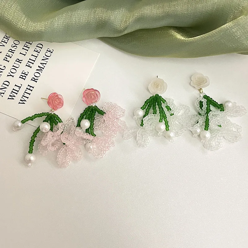 

2022 Korean Earrings For Women Colorful Style Sweet Flower Earrings Jewelry Spring Summer Floral Beaded Earrings Accessories