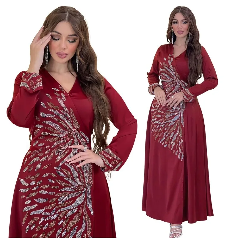 

Polyester Muslim Fashion Abaya Summer Elegant Muslim Long Sleeve V-neck Regular Solid Color Long Abaya Maxi Dress Abaya Dress