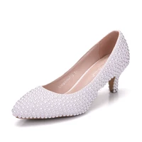 Crystal Queen White Pearl Wedding Shoes Bridal Women Elegant Evening Party High Heels 5CM Dress Pumps