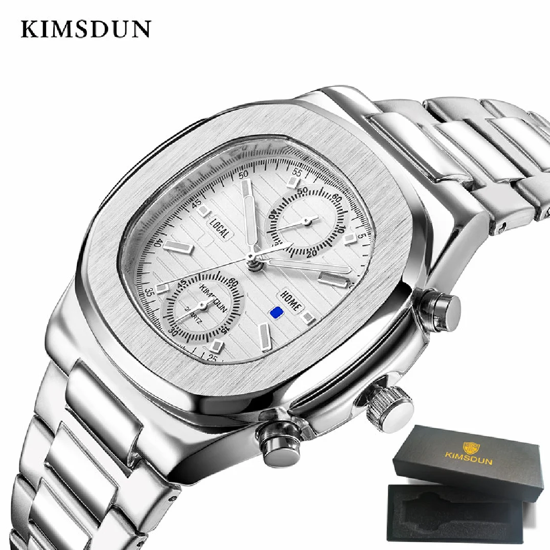 

Top Brand KIMSDUN Men's Stainless Steel Square Fashion Luxury Simple Chronograph Quartz Watch Business Gift Clock Relogio