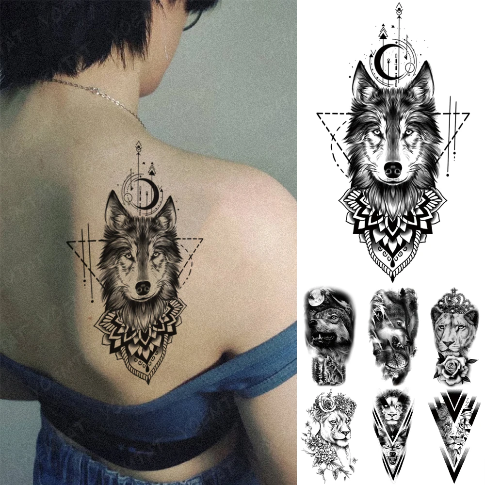 

Waterproof Temporary Tattoo Sticker Line Geometric Wolf Moon Flash Tatto Tiger Lion Crown Body Art Arm Fake Tatoo Men Women