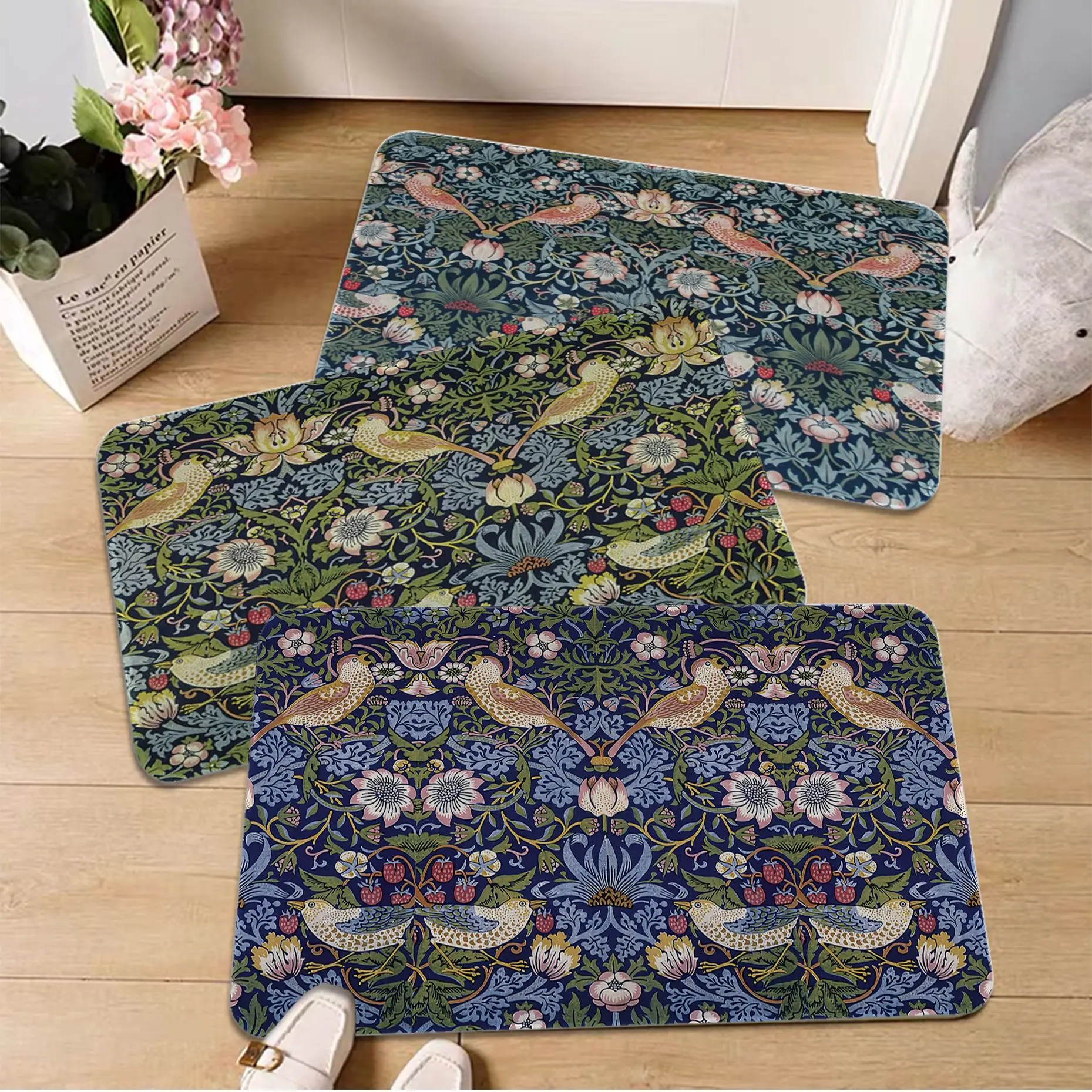 

William Morris Strawberry Thief Design Hallway Carpet Washable Non-Slip Living Room Sofa Chairs Area Mat Kitchen Toilet Rug