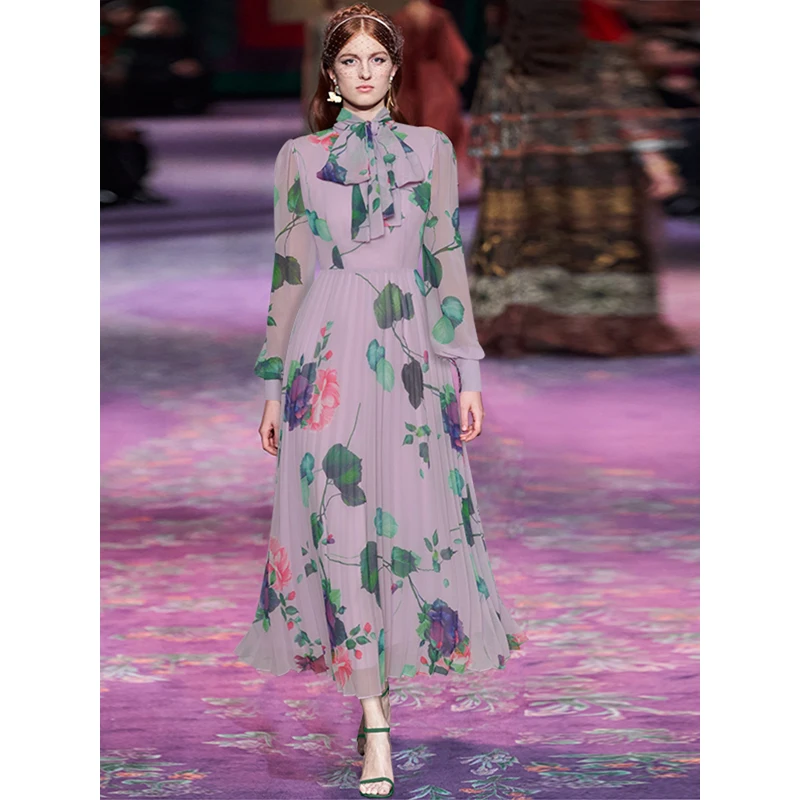 Janeyiren Fashion catwalk Spring Dress Women bow Lantern Sleeve Purple floral print elegant resort party dress