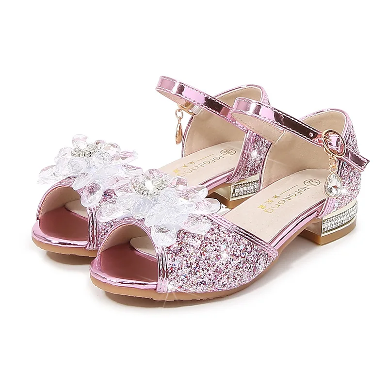 

2022 New Children High Heel Rhinestones Shining Party and Wedding Kids Princess Leather Shoes Crystal Flower Casual Girl Sandals