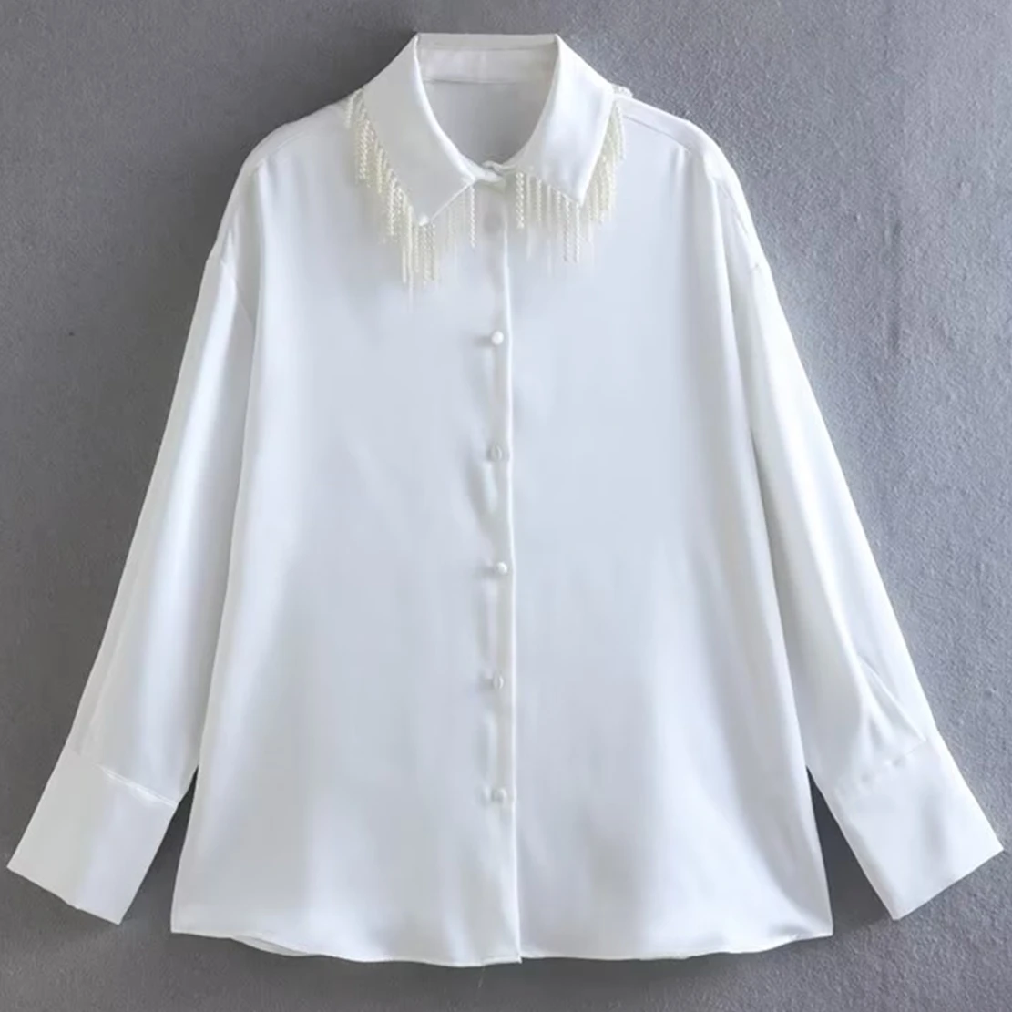 

Jenny&Dave England Style Fashion Pearls Silk Long Sleeve Blouse Women Tops