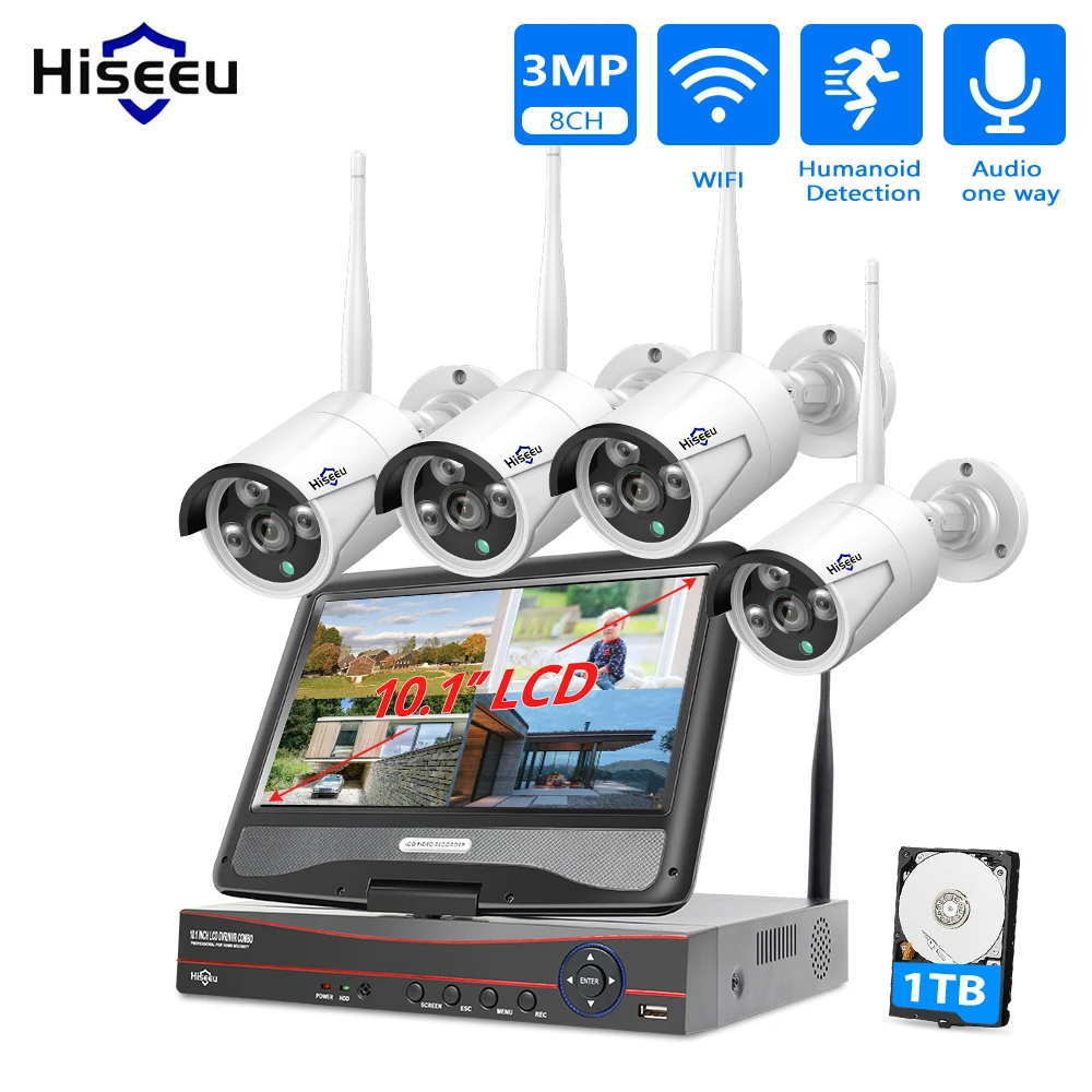 

Hiseeu 3MP 8CH Wireless Camera CCTV Kit 10.1" LCD Monitor 1536P Outdoor Security Camera System WIFI NVR Kit