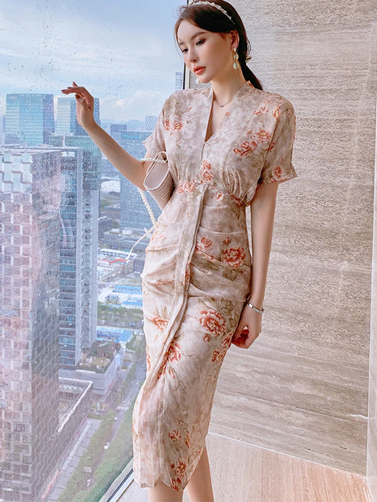 

Женское шифоновое платье миди с цветочным принтом, элегантное золотистое шелковое платье знаменитости с V-образным вырезом и коротким рука...