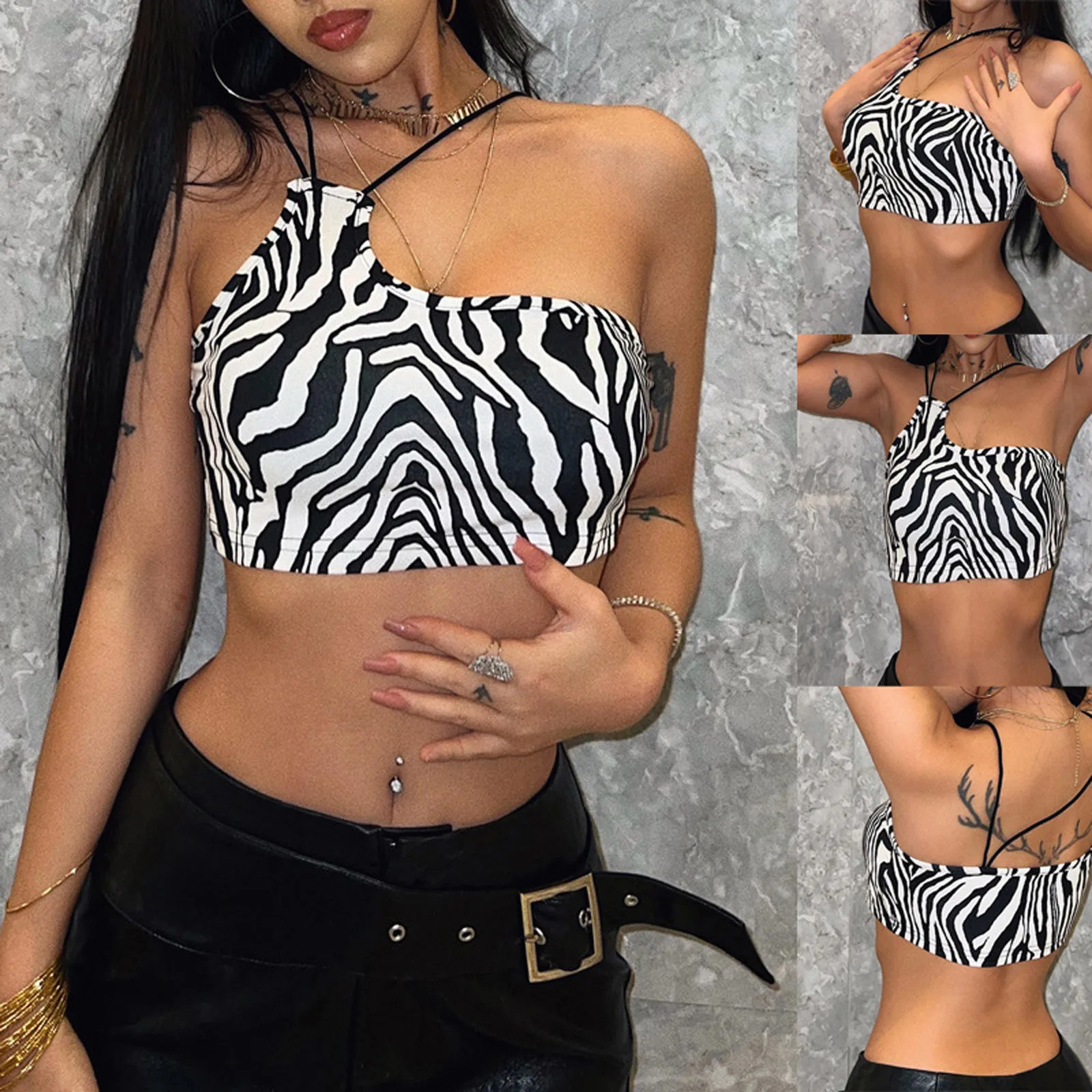 

Fashion Women's Sexy One-shoulder Halter Neck Vest Tank top women Color-blocking One-Line Neck Top Hollow Open Back Short Vest