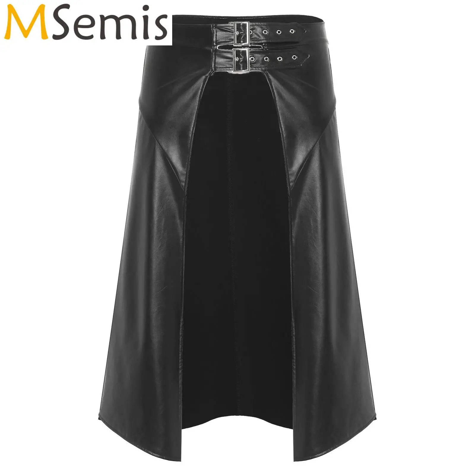 

Mens Open Front PU Leather Skirt Gothic Punk Clubwear Adjustable Buckle Asymmetrical Hem Skirts Rave Cosplay Festival Costume
