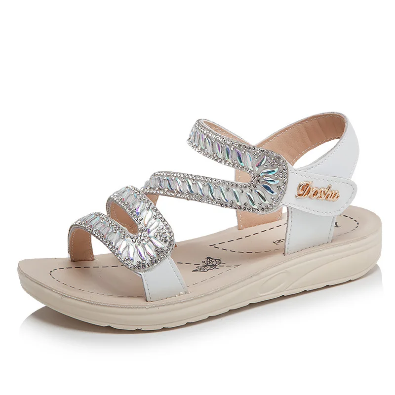 2022 Summer Fashion Girls Princess Sandals Leather Shoes Rhinestone Sequins Flat Roman Sandals Thick Bottom Non-slip Beach Shoes