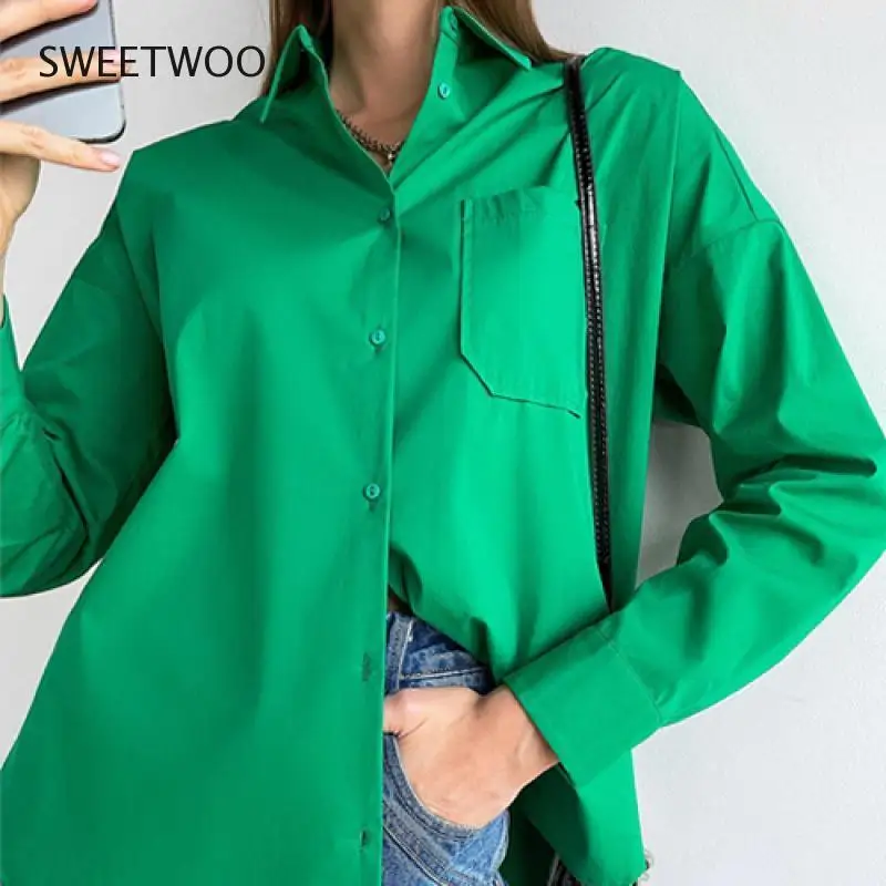 

Green Shirt Oversized for Women Elegant Beautiful Blouses with Pocket Women's 2022 Spring New Long Sleeve Tops Fashion Tide Chic