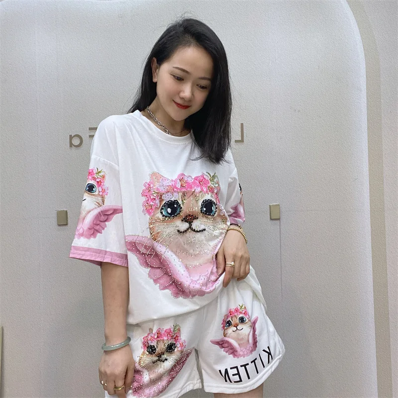 Kawaii Мультфильм блёстки Короткий Комплект для женщин летний повседневный костюм 2