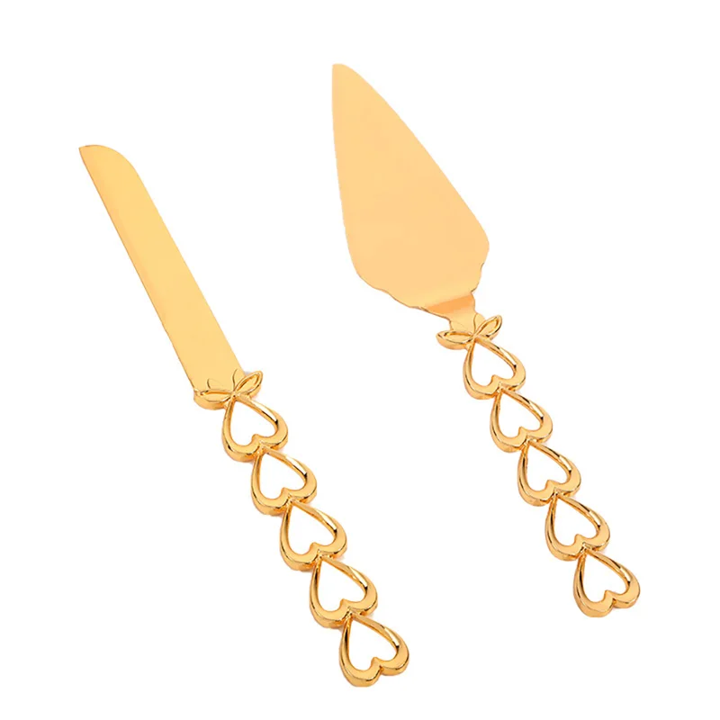 

2Pcs/Set Heart Shape Handle Cake Cutter Golden Cake Shovel Knife Wedding Cake Knife Server Set Party Cooking Baking Cake Divider