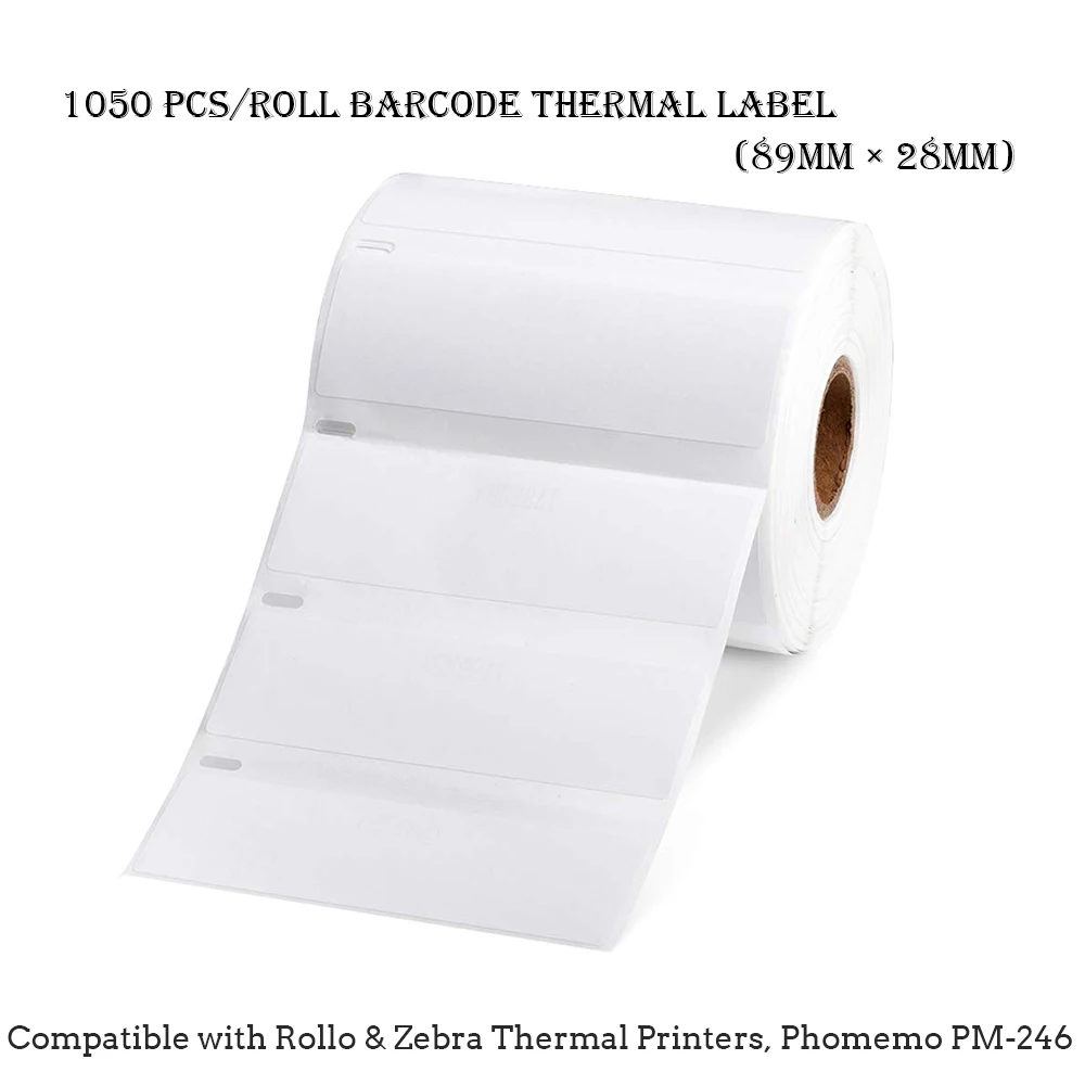 1050 lables/roll Phomemo Barcode Thermal Label 89mm × 28mm for Postage Barcode,Shipping Labels Compatible with Rollo & Zebra