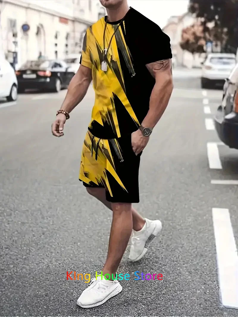 New Summer Fashion Men's 2 Piece Set Tracksuits Casual Short Sleeves T-shirt+Shorts Sportwear Oversized Male Clothes Set