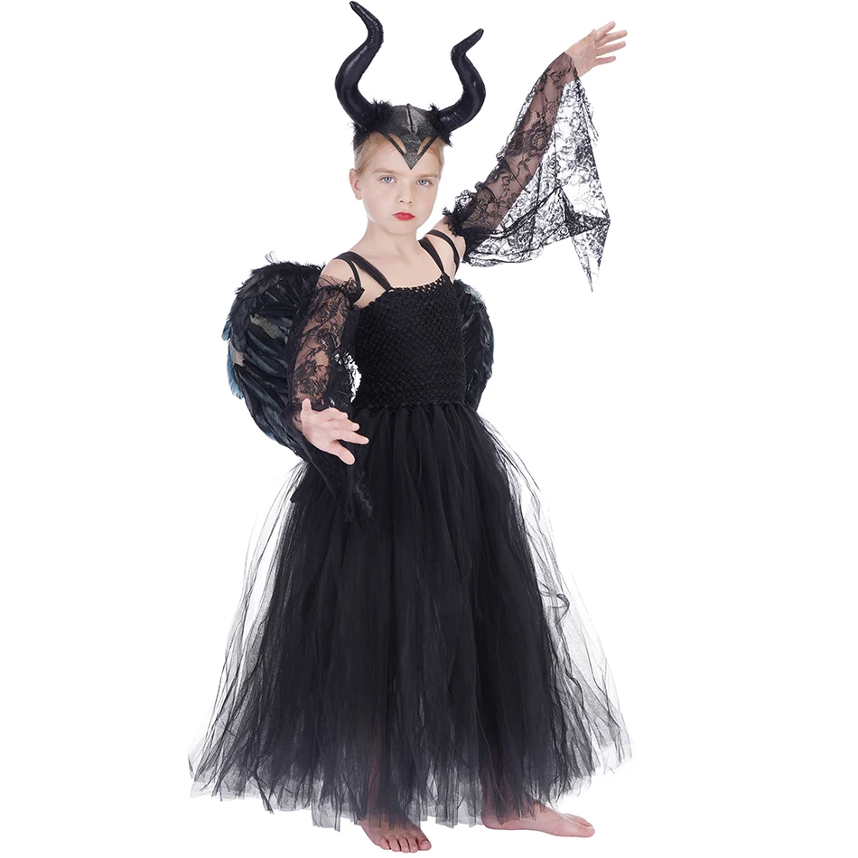 Halloween Costume For kids Maleficent Dress Deluxe Girls Fancy Feather Shawl Glam Gown Tutu Dress Kids Demon Queen Witch Clothes