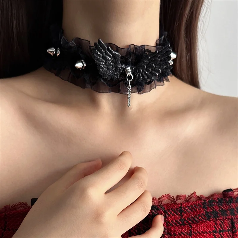 Милое крутое колье Gyaru Sle с кружевными крыльями и шейным ремешком ожерелье