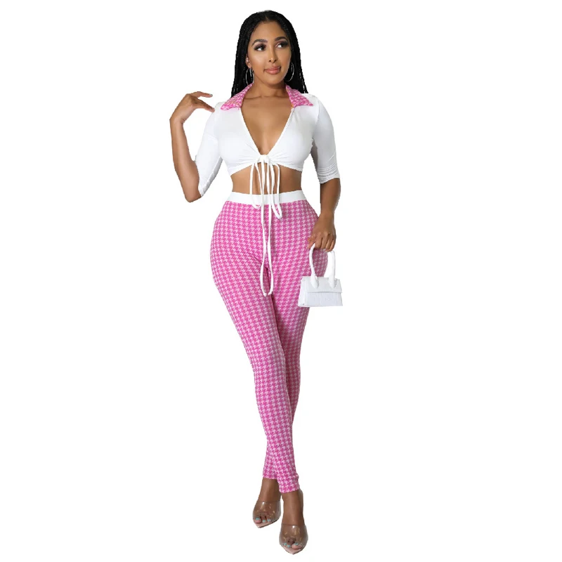 

Женский комплект из двух предметов, клетчатый комплект из укороченного топа и брюк-карандаш с высокой талией, Привлекательный комплект из д...