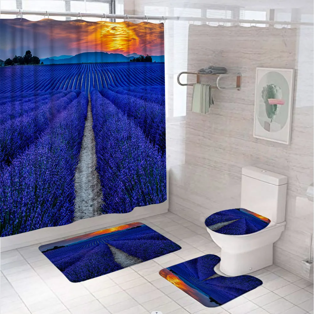 

Lavender Floral Field Shower Curtain Set For Bathroom Decor Rural Sunset Scenery Tub Screen Bath Mat Carpet Rug Toilet Lid Cover