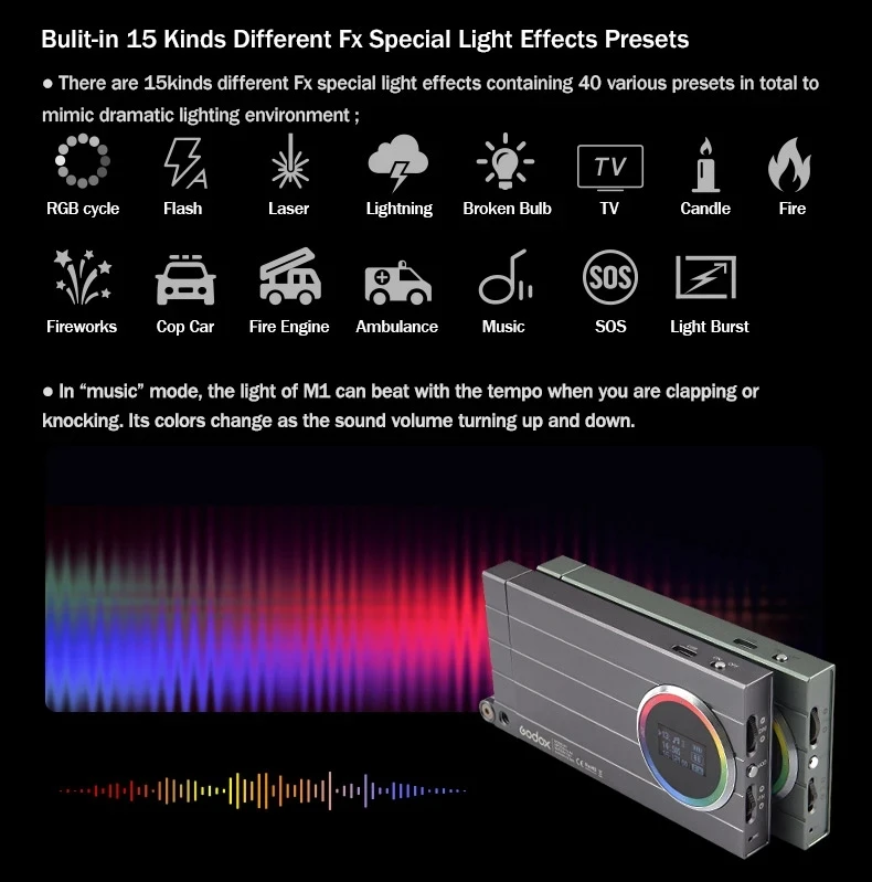 Godox M1 RGB Светодиодная лампа 2500K-8500K полноцветная карманная Type-C перезаряжаемая для
