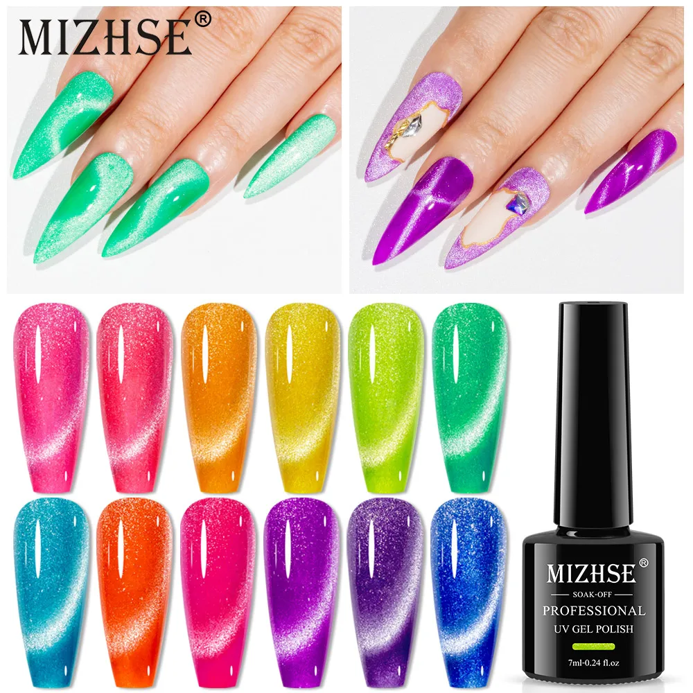 

MIZHSE 7ML Neon Cat Eye Gel Nail Polish Fluorescent Glitter Gel Soak Off UV/LED Holographic Cat Magnetic Varnishes for Nails Art