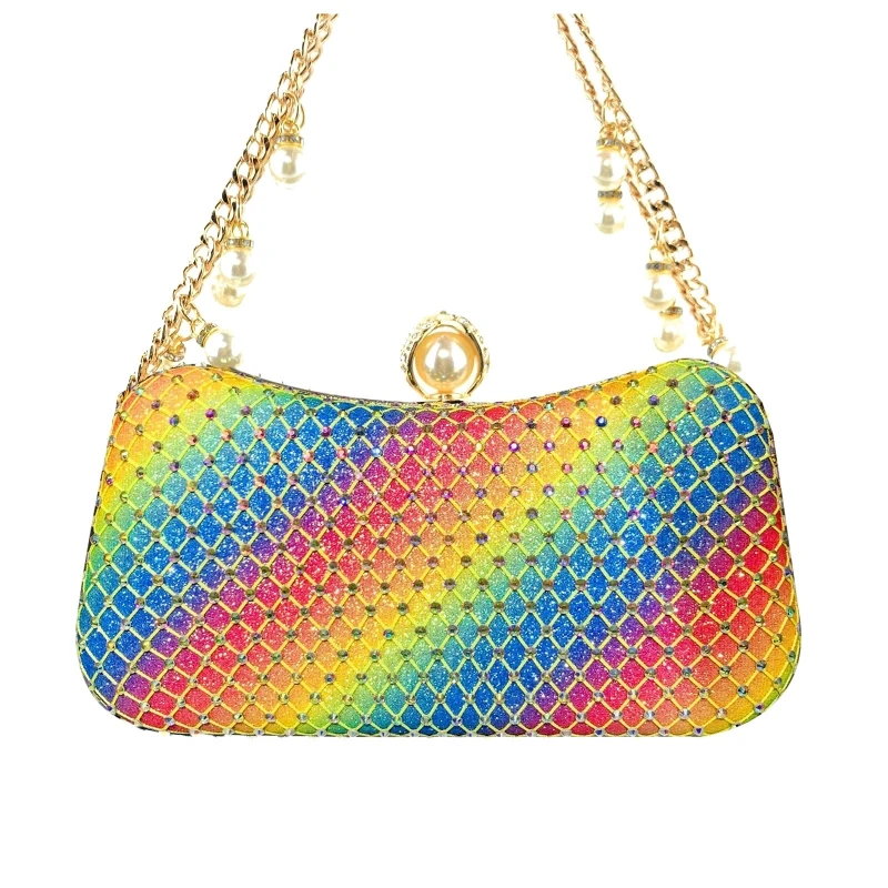 

Gorgeous Chain Pearl Shoulder Bag Colorful for Rhinestone Clutch Handbag Underarm Bag Evening Bag for Bridal Wedding