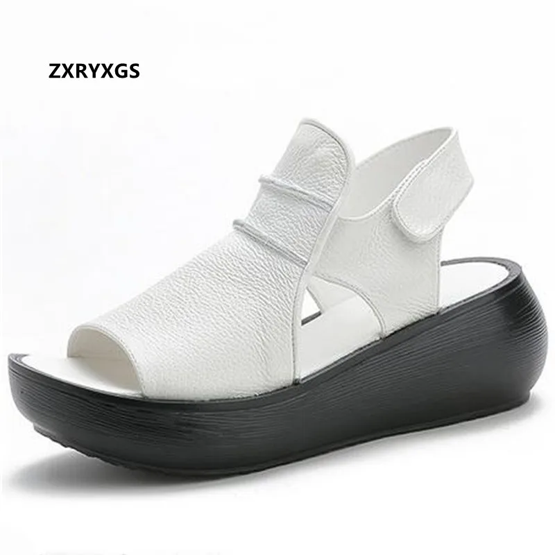 

ZXRYXGS Summer Soft Cowhide Sandals Women Sandal Shoes 2022 New Thick-soled Heightened Wedges Sandals Fish Mouth Roman Sandals