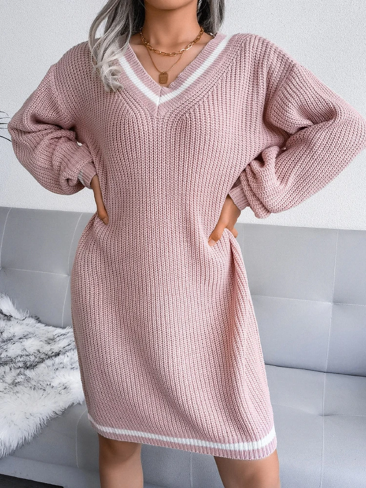 

Autumn V-neck Sweater Dress Long Sleeve Loose Casual Knitted Pollover Mini Dress Female Outwear Women Vestido Winter Clothes