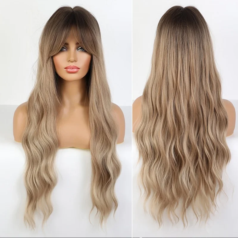 

Emmor Synthetic Long Wavy Wigs with Bangs for Women Cosplay Natural Ombre Brown to Light Blonde Hair Wig High Temperature Fiber