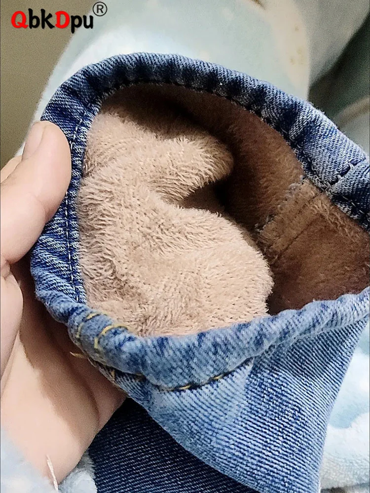 

Теплые джинсы с плюшевой подкладкой, повседневные зимние прямые утепленные мешковатые шаровары до щиколотки с высокой талией, большие размеры