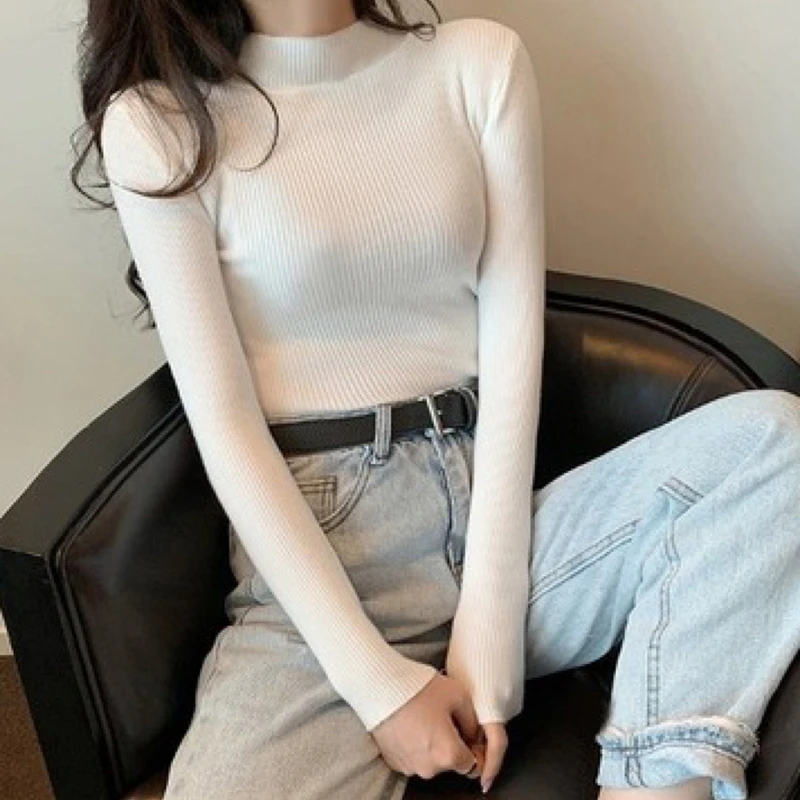 

Вязаный свитер с длинным рукавом и высоким воротником, женский модный тонкий пуловер в Корейском стиле, универсальные вязаные топы на осень...