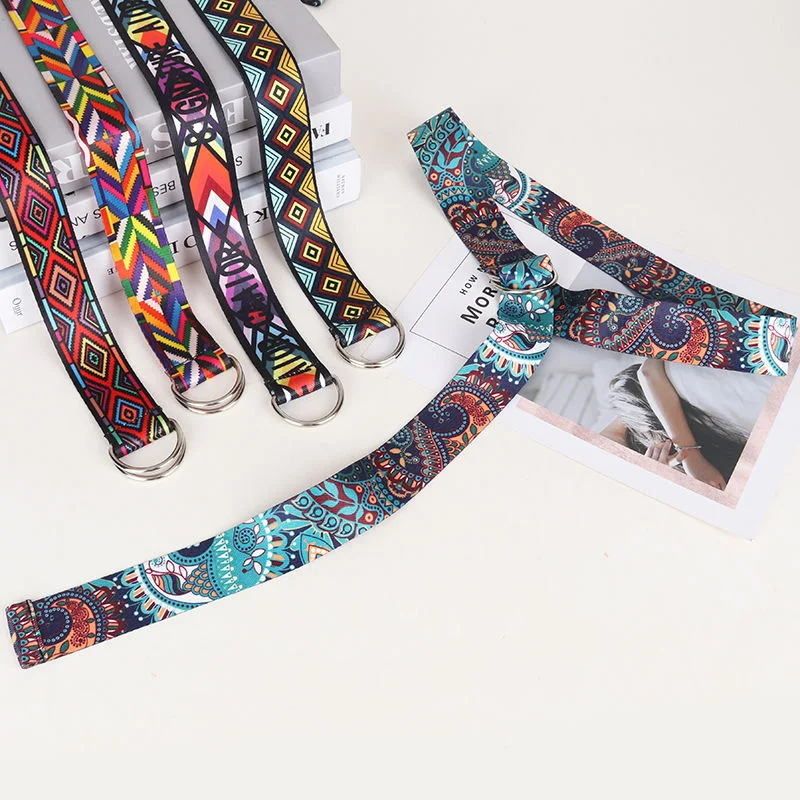17 Styles Printed Canvas Belts For Women Harajuku D Ring Buckle Waist Strap Female Jeans Dress Trouser Decoration Waistband