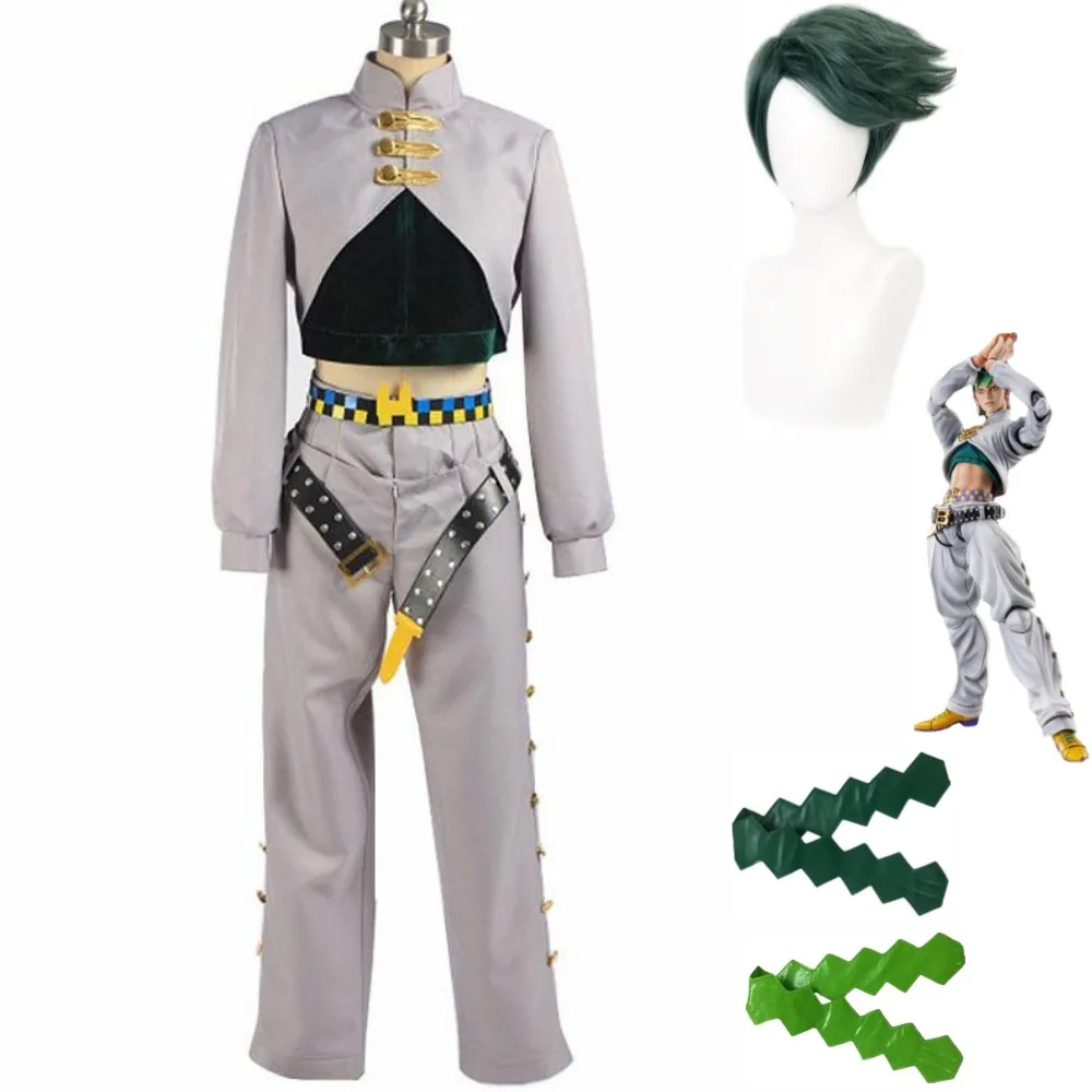 Anime JoJo's Bizarre Adventure The JOJOLands Rohan Kishibe Cosplay Costume Wig Grey Uniform Hairband Man Woman Halloween Suit