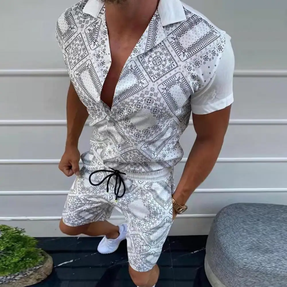 

2 Pcs/Set Men Top Shorts Suit Streetwear Men Shirt Shorts Set Knee Length Lapel Men Top Shorts Suit