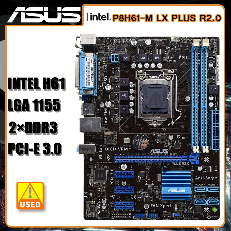 

Материнская плата Asus P8H61-M LX PLUS R2.0 1155, материнская плата DDR3 LGA 1155 Intel H61 SATA 2 USB2.0 PCI-E 3,0 VGA ATX для Core i3-2130