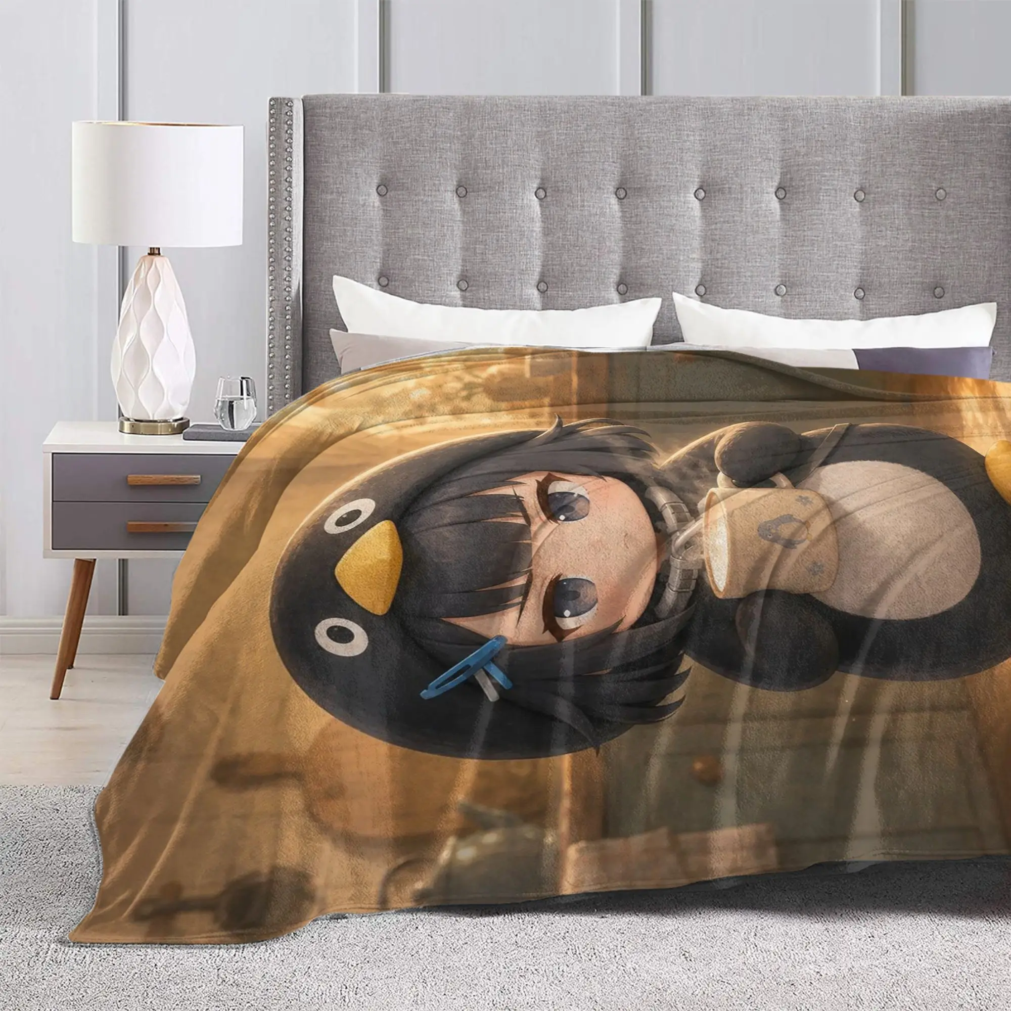 Фото Вязаное флисовое одеяло Gugu Gaga Penguin с рисунком пингвинов, теплое, для дома, дивана, кровати №3