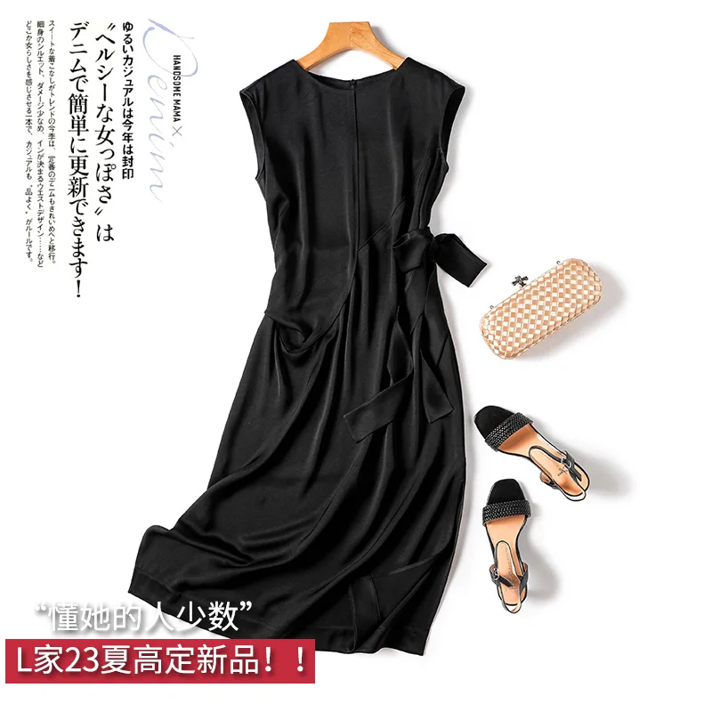 

100% Acetate Summer Tank Dress Women High Quality Lace-up Vestidos De Verano Mujer 2023 Mid-Calf A-LINE O-Neck Sleeveless