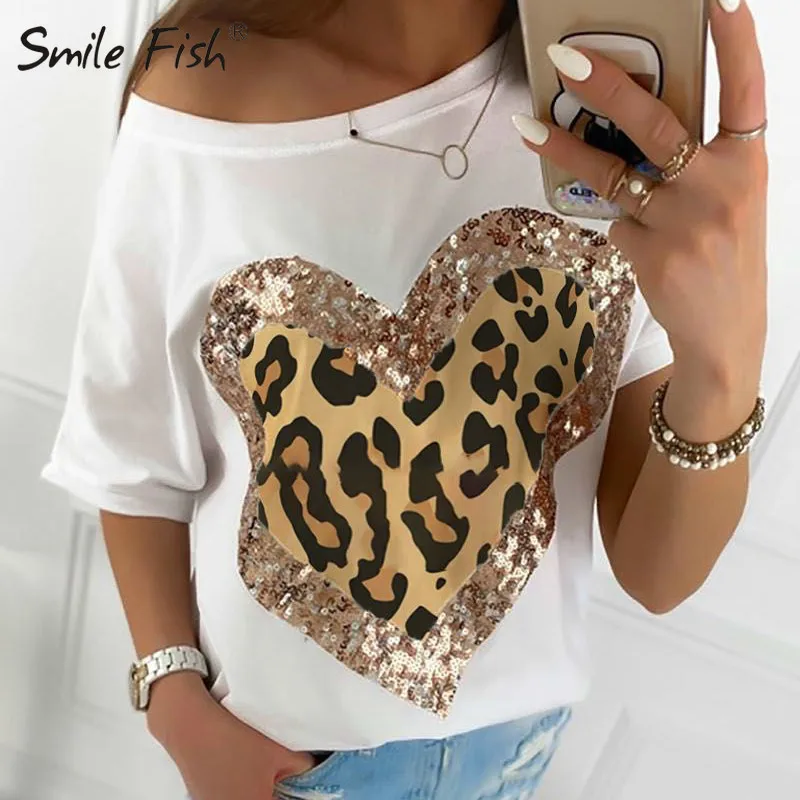 

Sequined Heart Printed T-shirts Women Casual Bling Loose Short Sleeve Tee Top Chic Flash Neck Summer Blusa Streetwear G1765