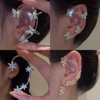 silver plated leaf butterfly clip earrings for women ear clips without piercing sparkling zirconia ear cuff 2022 fashion jewelry