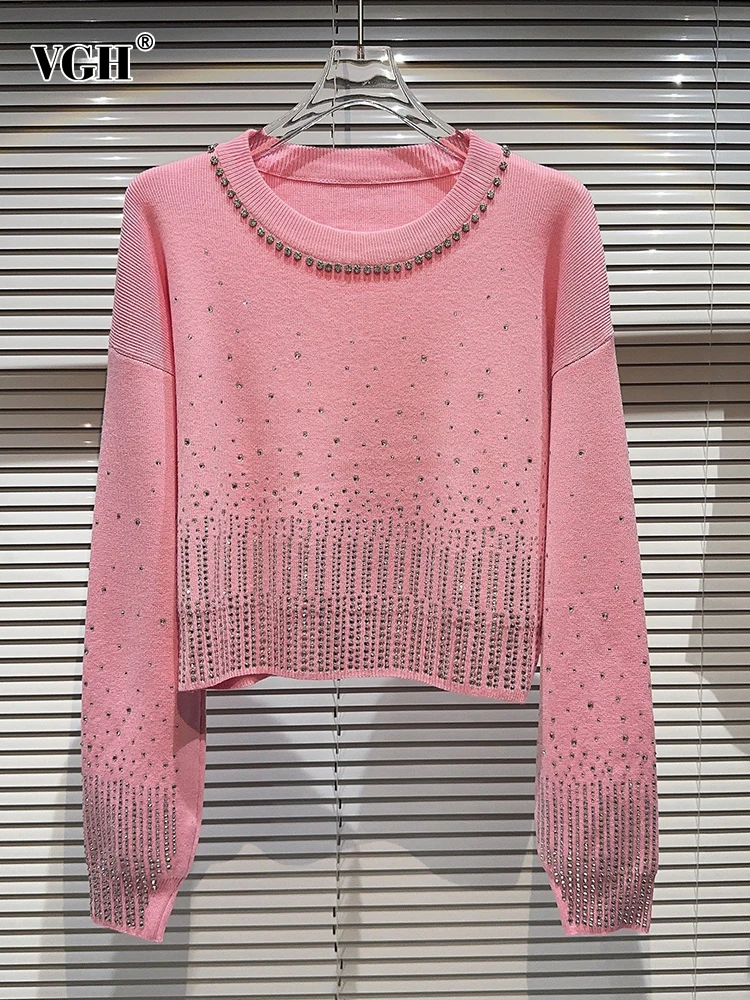 

Женский трикотажный свитер со стразами VGH, однотонный свободный минималистичный свитер с круглым вырезом и длинным рукавом, модная одежда